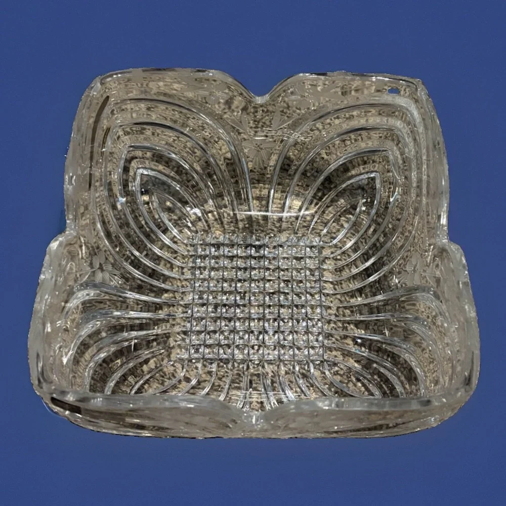 Vtg 24% Lead Crystal hand Cut Square Serving Bowl Polish Crystal Floral Etching